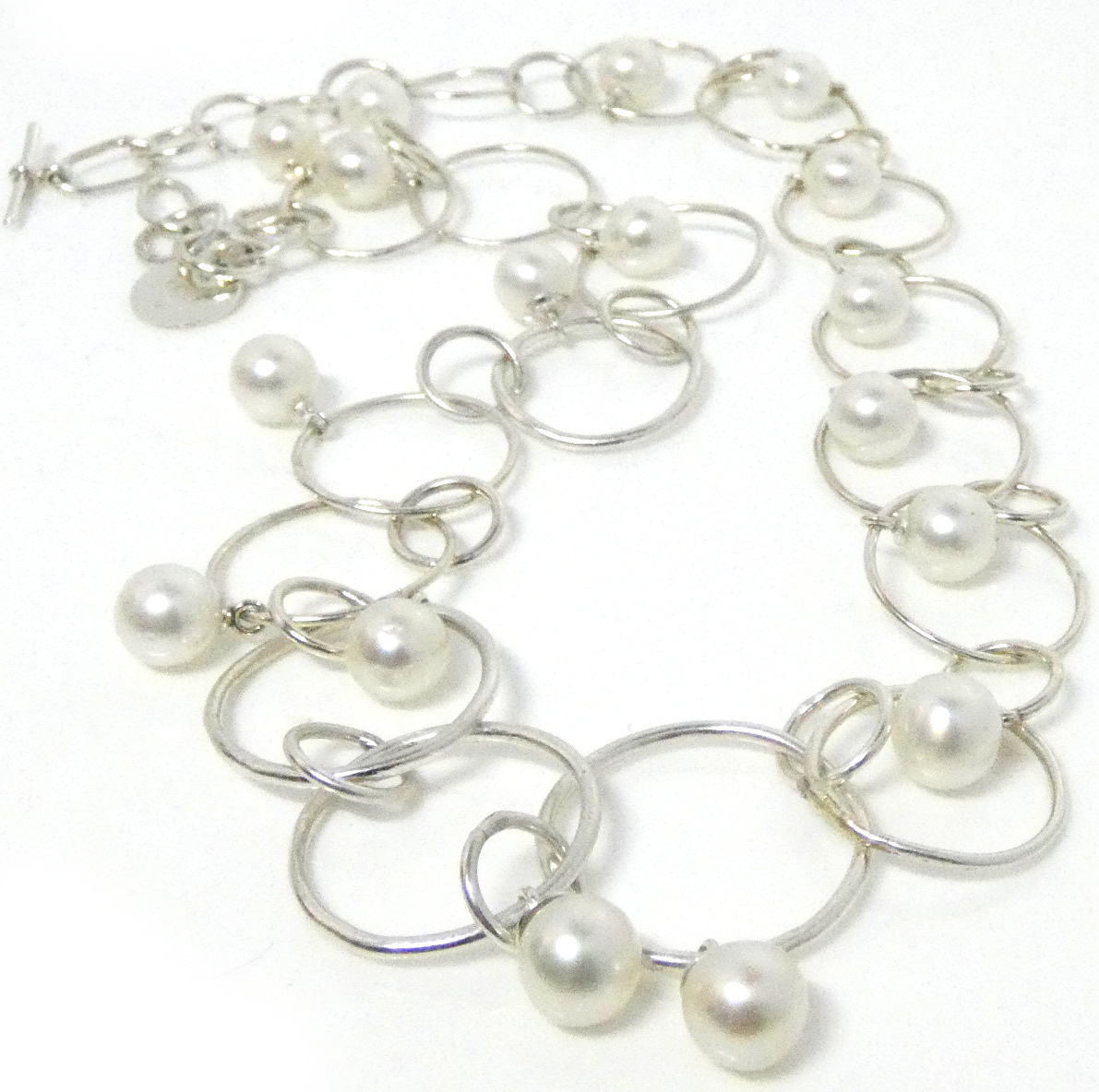 White Round Pearls and Silver Hoops Necklace